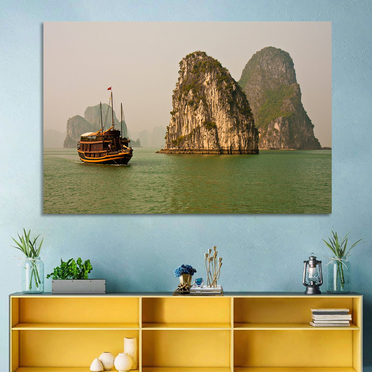Ha Long Bay Junk Boat and Karst Cliffs Wall Art in a room, landscape