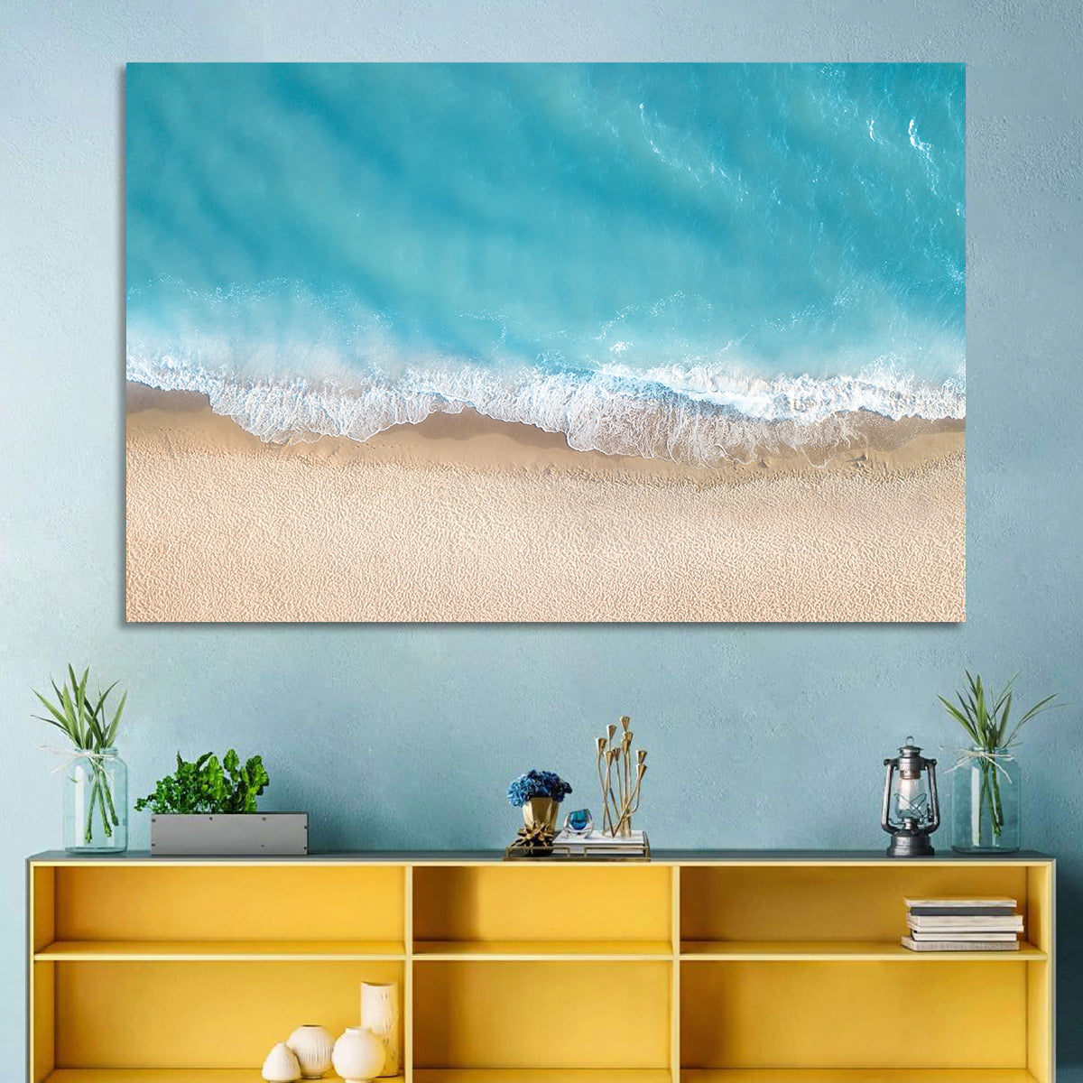 Top-down Turquoise Beachscape Wall Art in a room, landscape