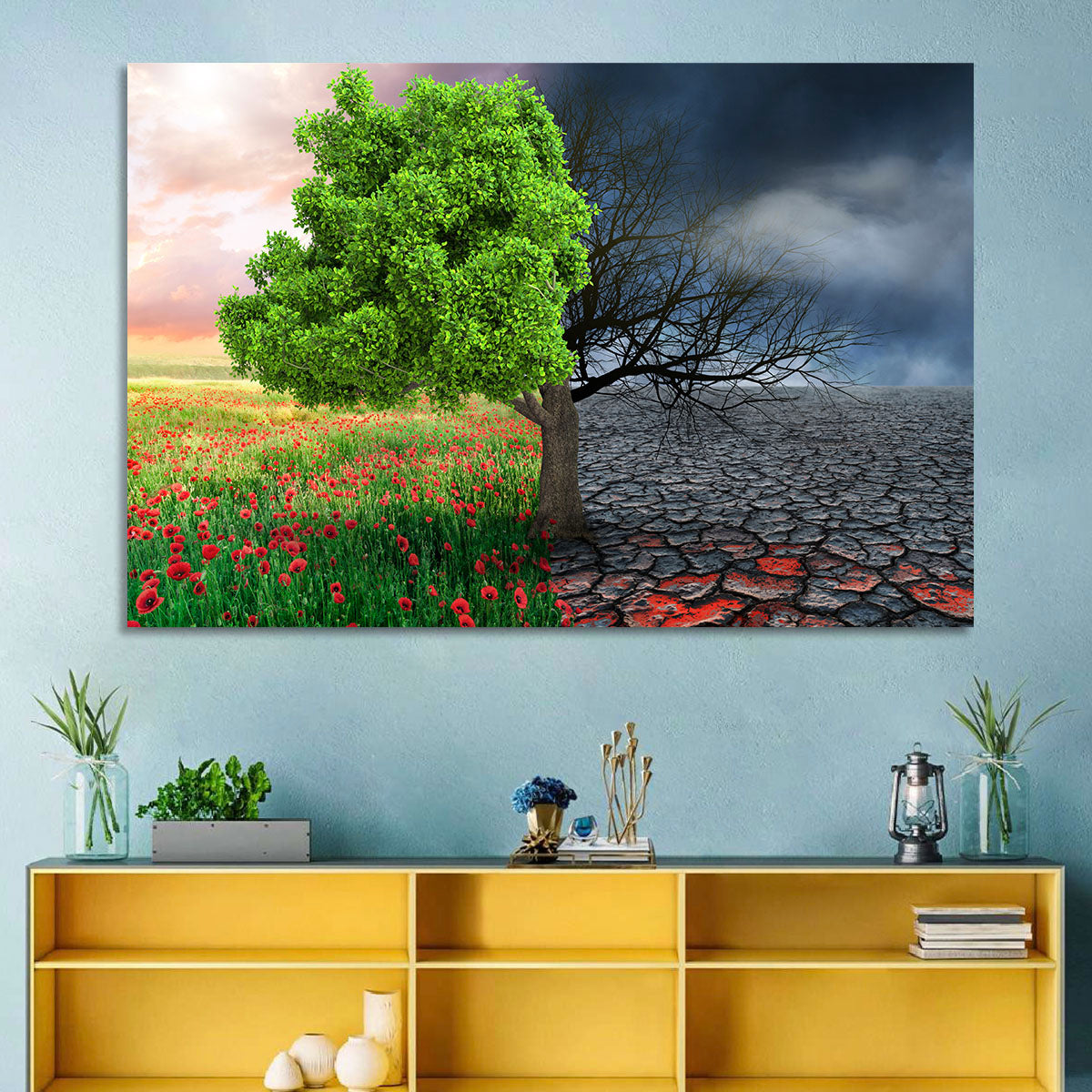 Split Climate Landscape Wall Art in a room, landscape