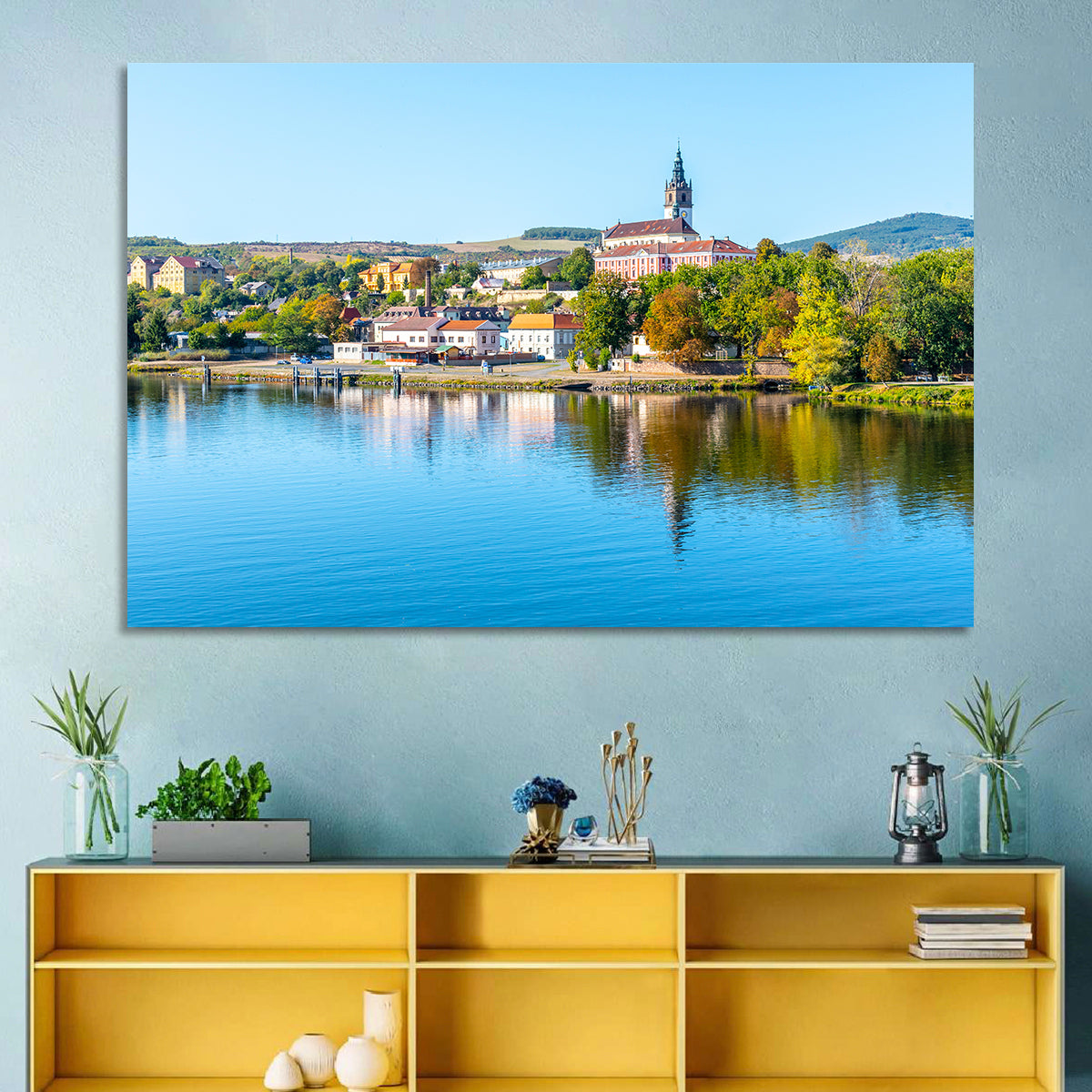 Roudnice Castle Riverbank Reflections Wall Art in a room, landscape