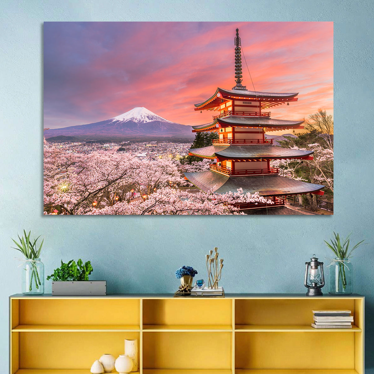Chureito Pagoda and Mount Fuji at Sunset Wall Art in a room, landscape