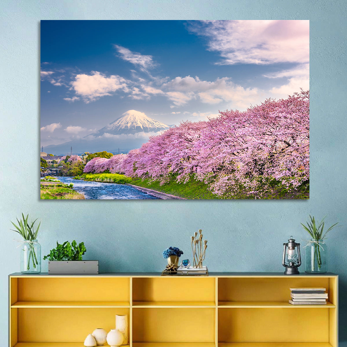 Mount Fuji Cherry Blossoms Wall Art in a room, landscape