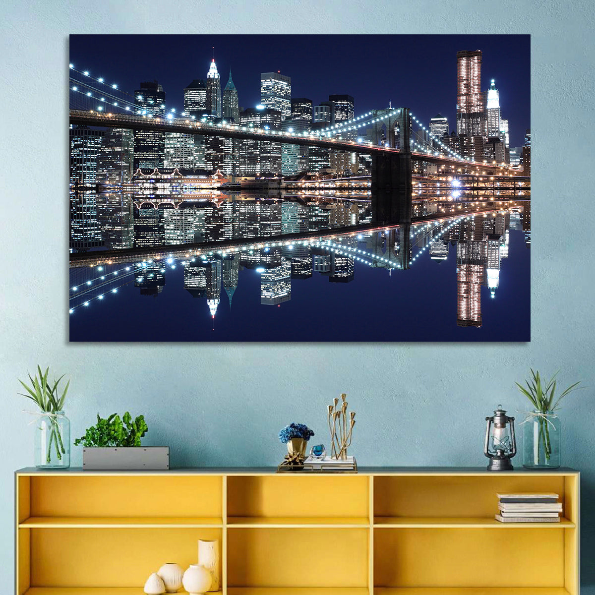 Brooklyn Bridge Symphony at Night Wall Art in a room, landscape