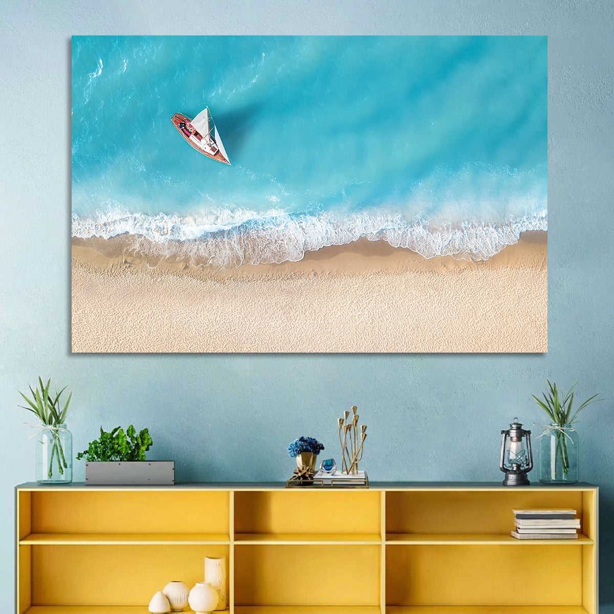 Centered Sailboat Over Turquoise Sea Wall Art in a room, landscape
