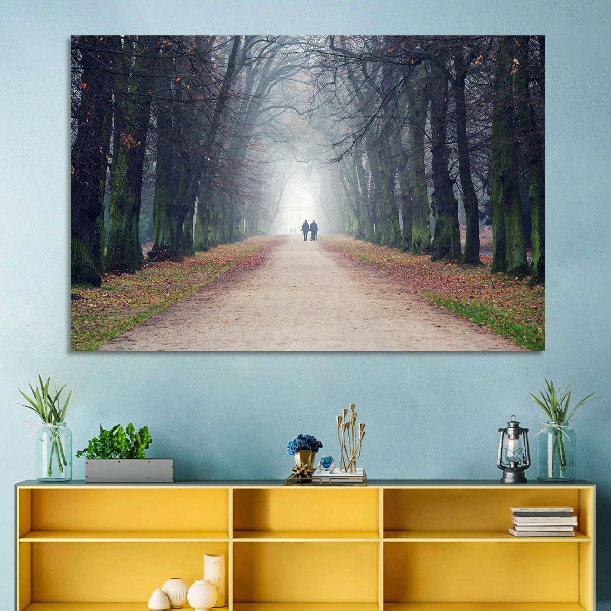 Foggy Tree Lined Walkway in Autumn Wall Art