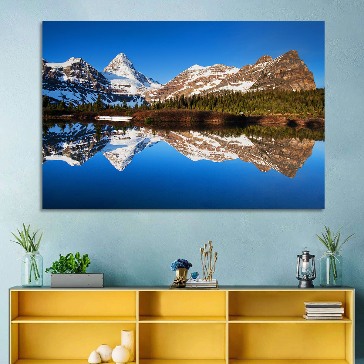 Snowy Mount Assiniboine Wall Art in a room, landscape
