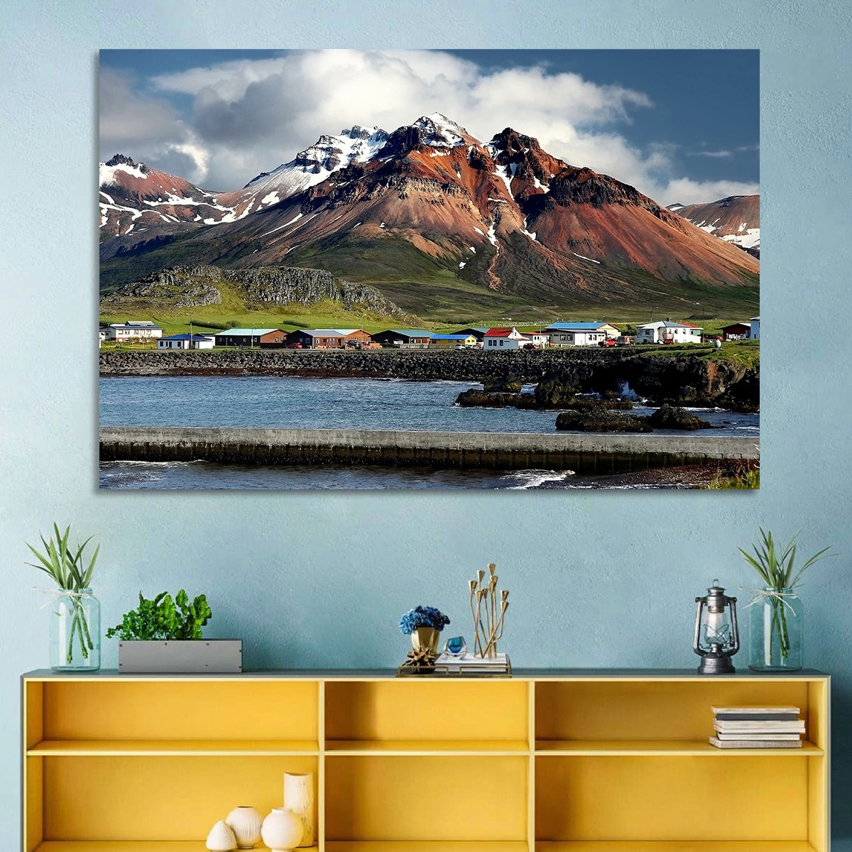 East Fjords Harbor Village Wall Art in a room, landscape
