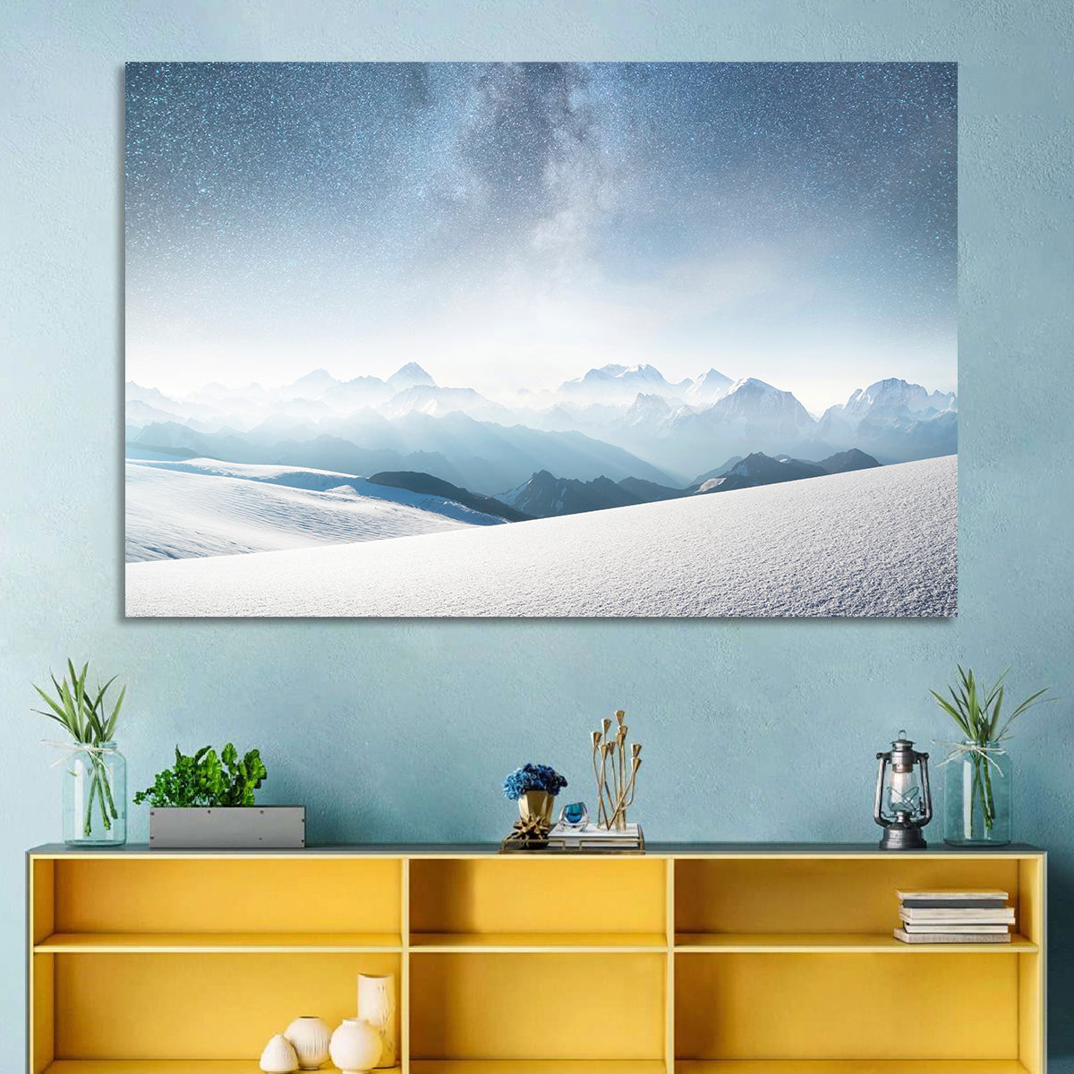 Starry Milky Way Over Snowy Peaks Wall Art in a room, landscape