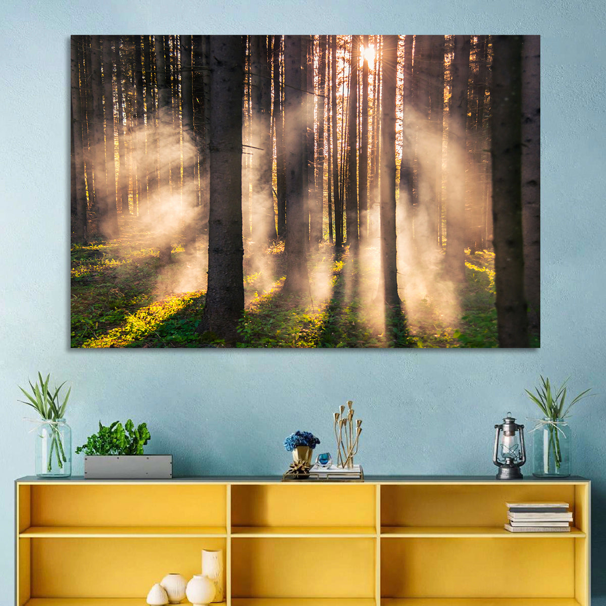 Sunrise Through Misty Forest Wall Art in a room, landscape