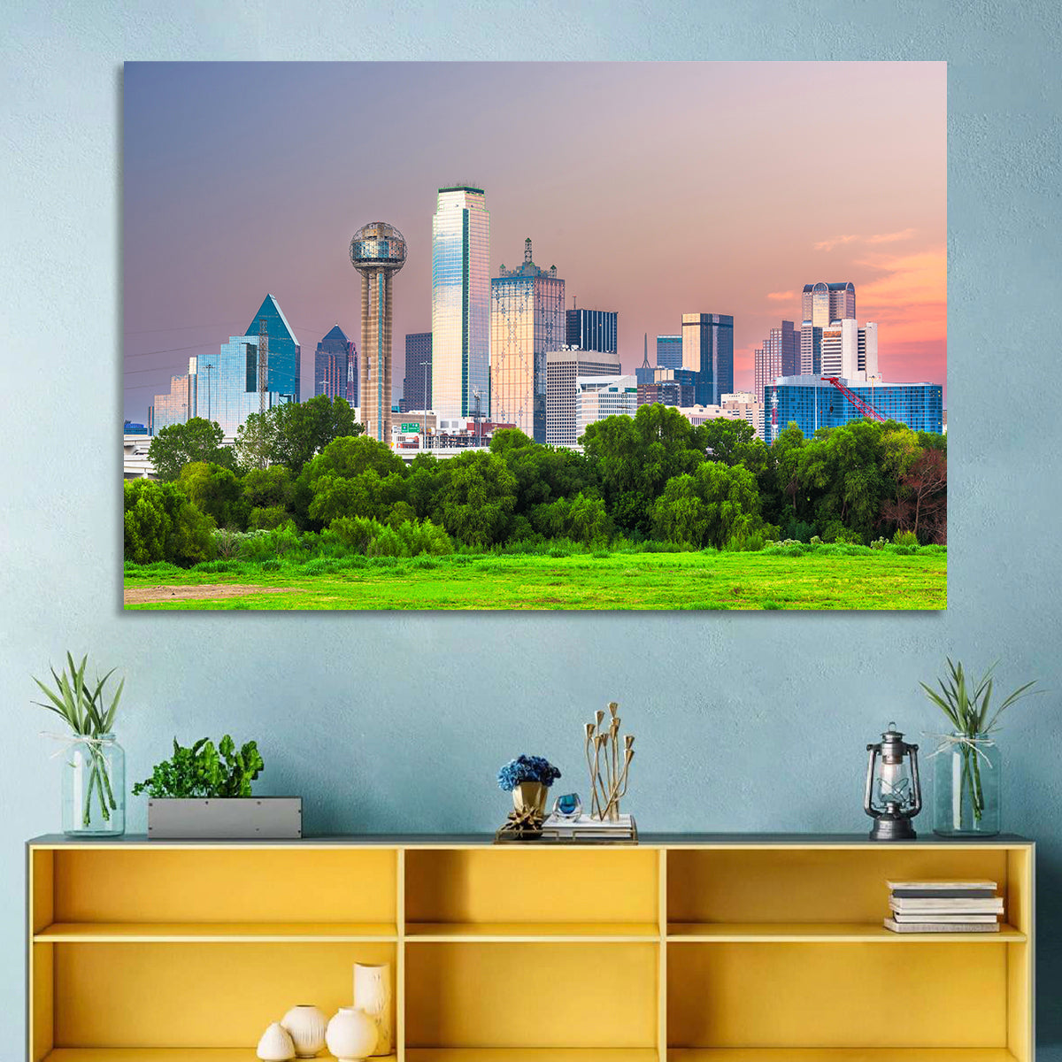 Dallas Golden Hour Skyline Wall Art in a room, landscape