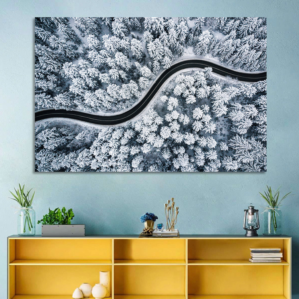 S-curve Winter Forest Road Wall Art in a room, landscape