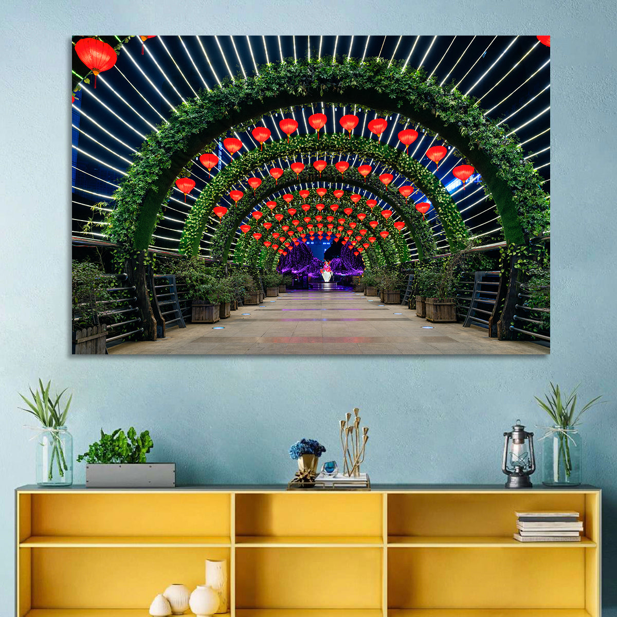 Red Lantern Trellis Tunnel Wall Art in a room, landscape