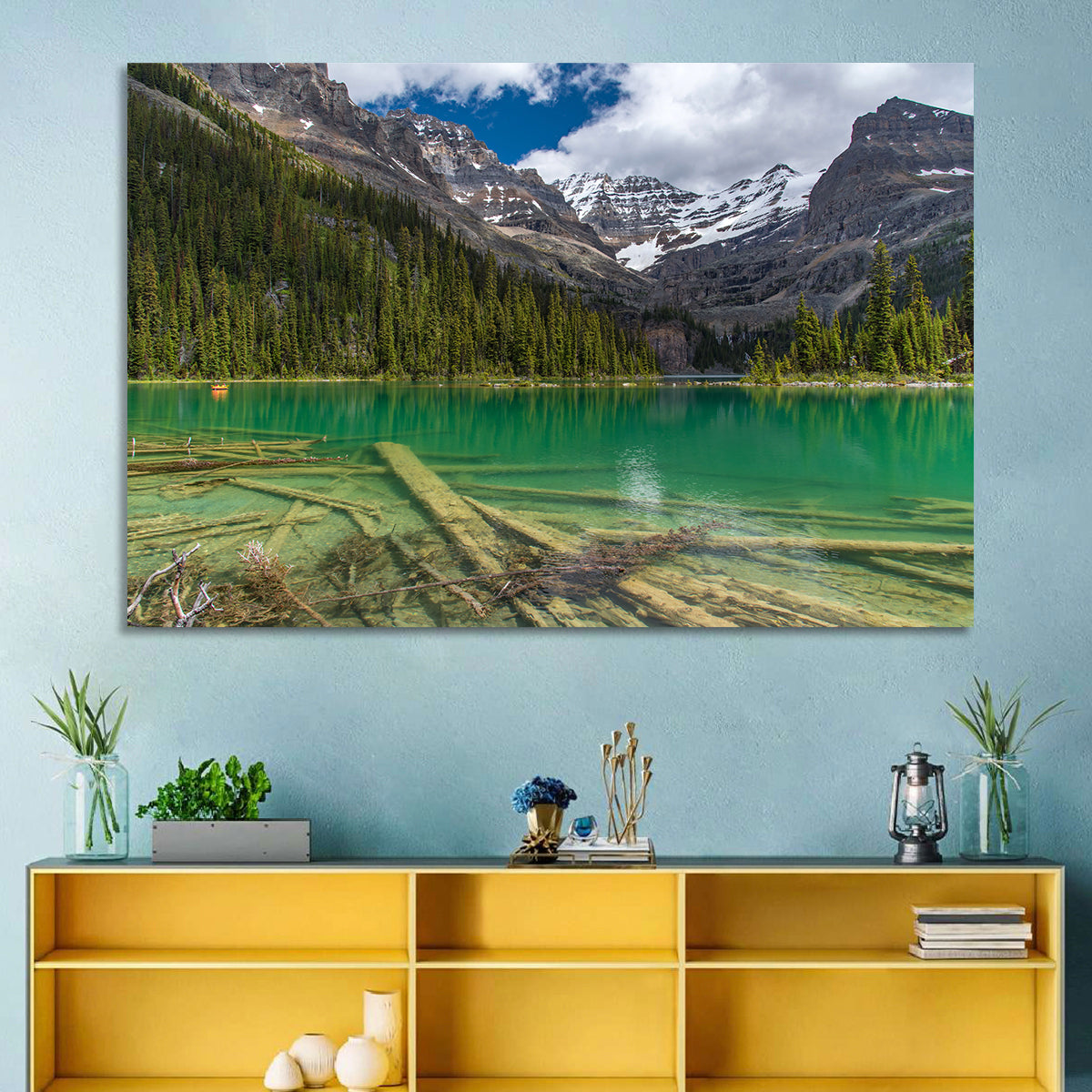 Lake O'hara Reflection Wall Art in a room, landscape