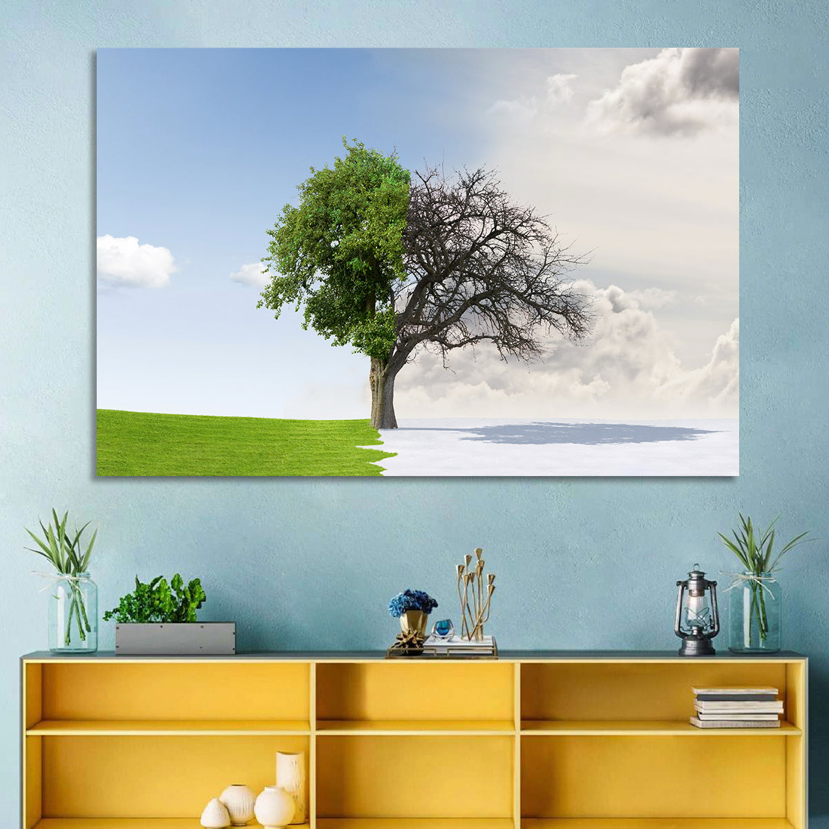 Summer to Winter Split Tree Wall Art in a room, landscape