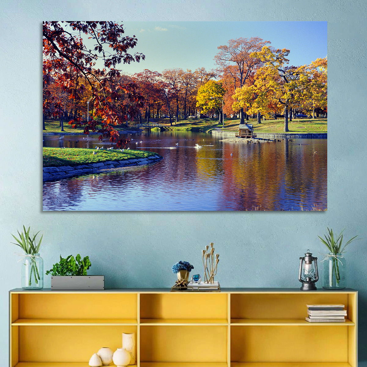 Deering Oaks Autumn Pond Wall Art in a room, landscape