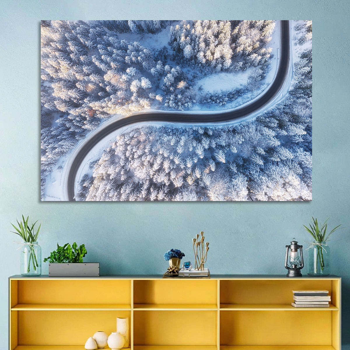 Winding Snow-covered Forest Road Wall Art in a room, landscape