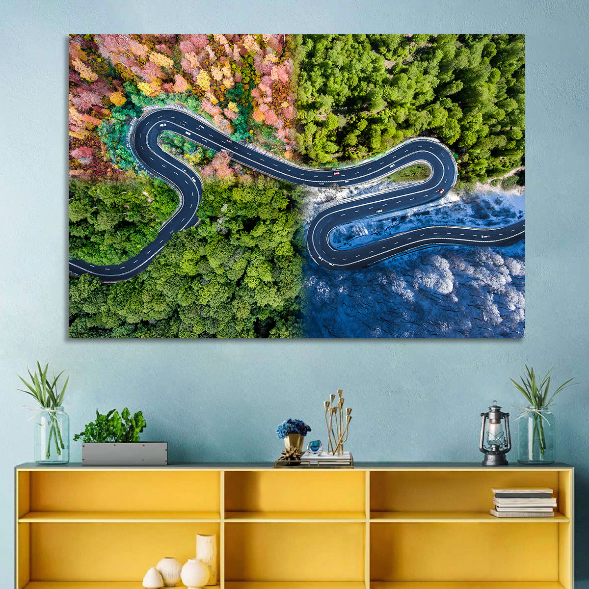 Four Seasons Winding Road Wall Art in a room, landscape