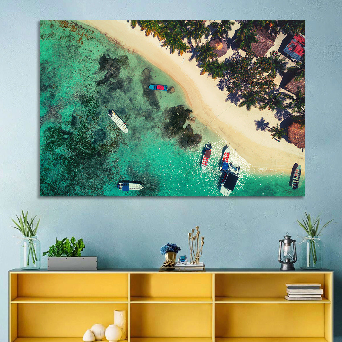 Aerial Tropical Shoreline with Six Boats Wall Art in a room, landscape
