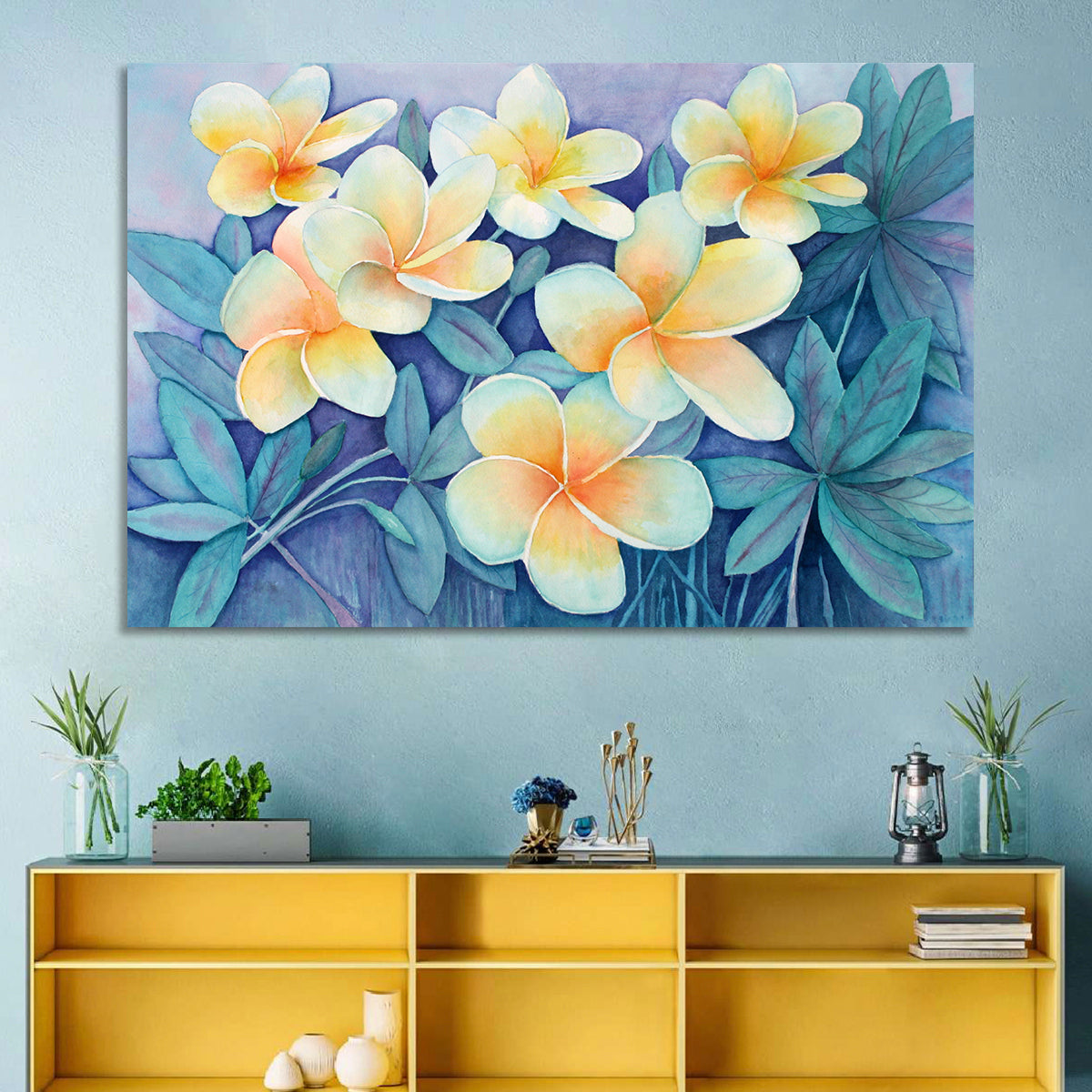 Watercolor Frangipani Cluster Wall Art in a room, landscape