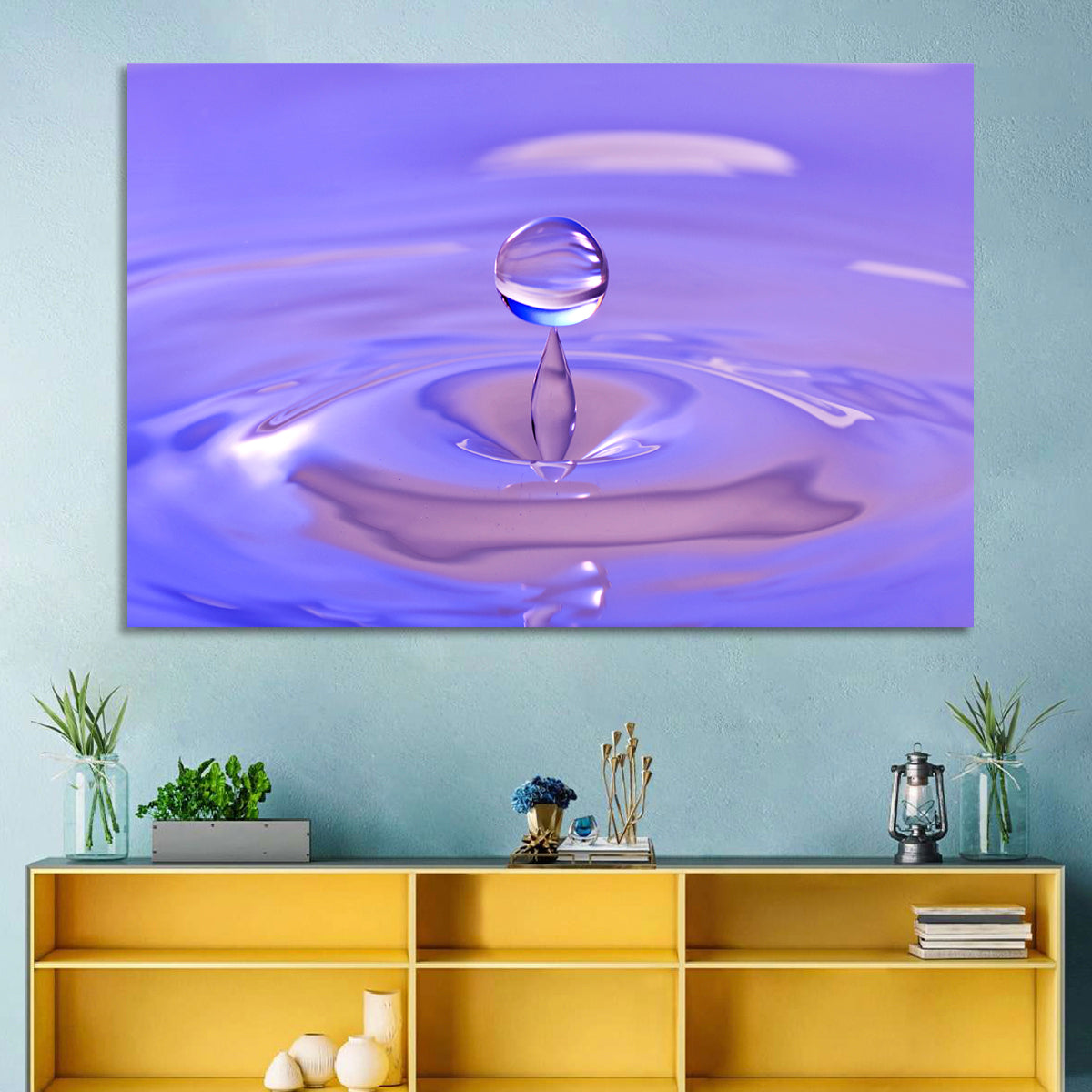 Purple Water Droplet Splash Wall Art in a room, landscape