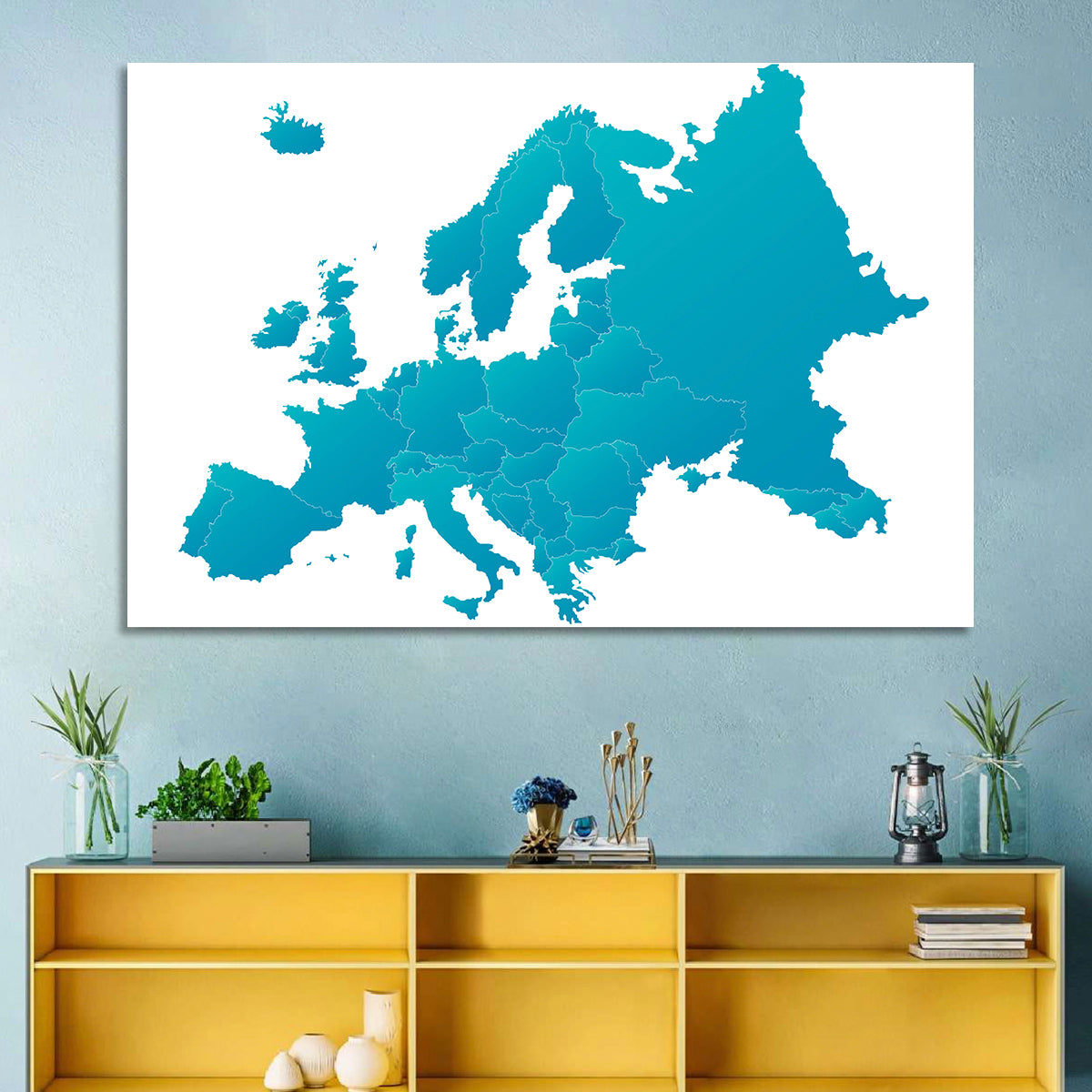 Teal Gradient Europe Map Wall Art in a room, landscape