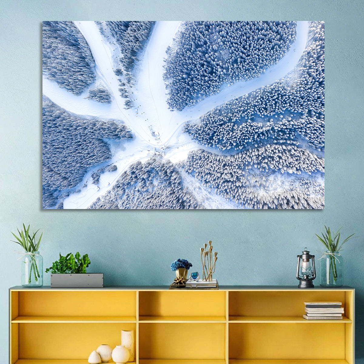 Birds-eye Ski Resort Landscape Wall Art in a room, landscape