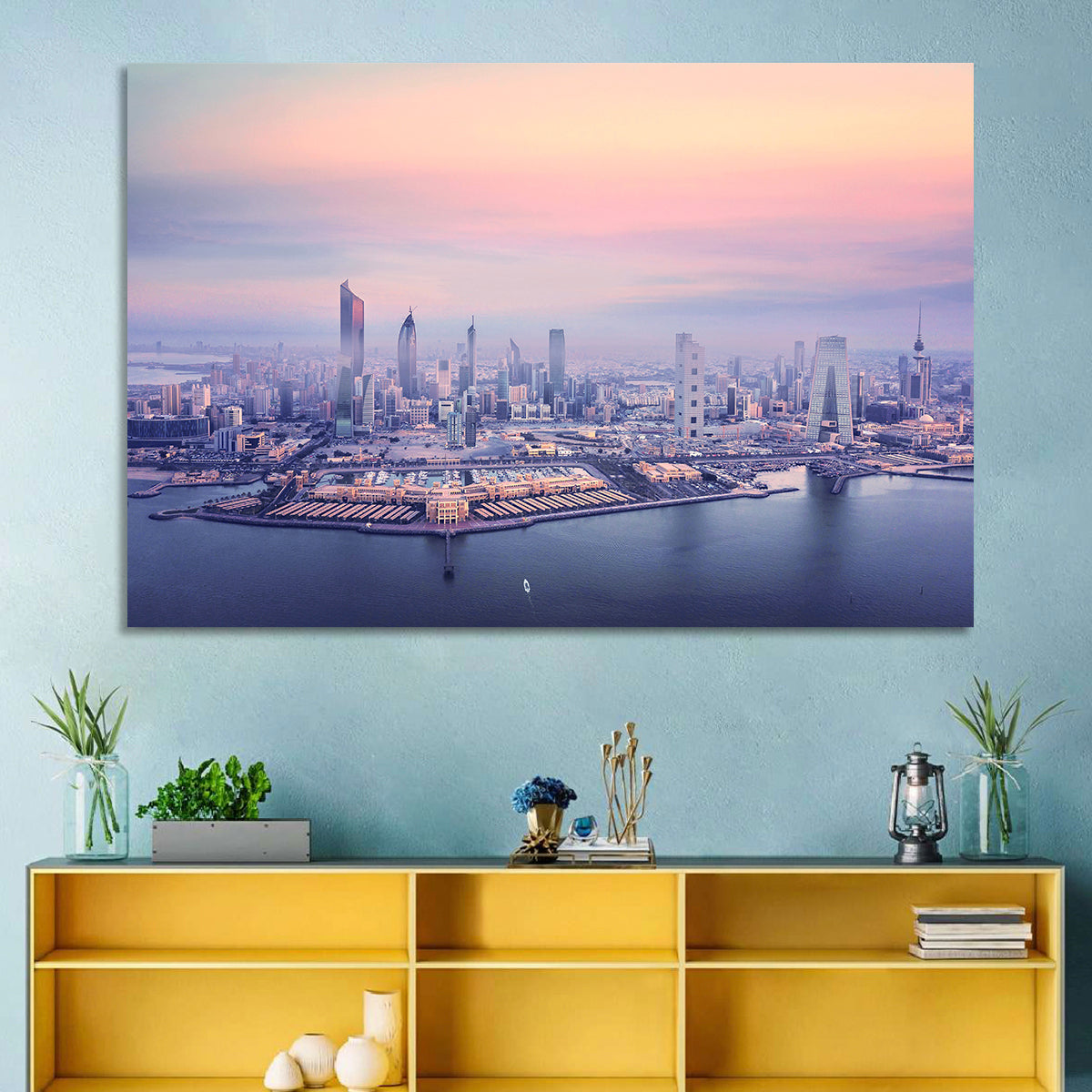 Kuwait City Twilight Skyline Wall Art in a room, landscape