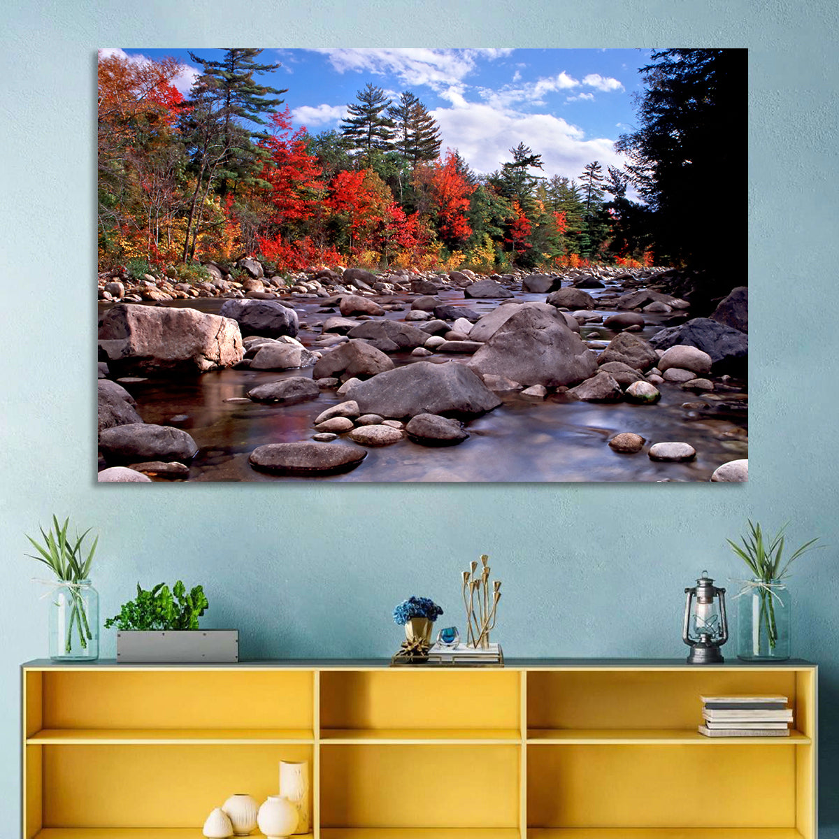 New Hampshire Autumn Stream Wall Art in a room, landscape