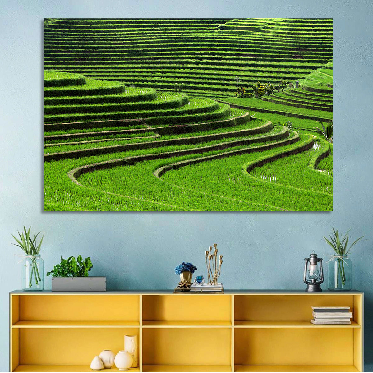 Lush Rice Terraces Wall Art in a room, landscape