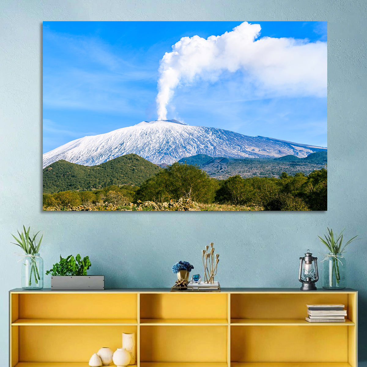 Snow-capped Mount Etna with Volcanic Plume Wall Art