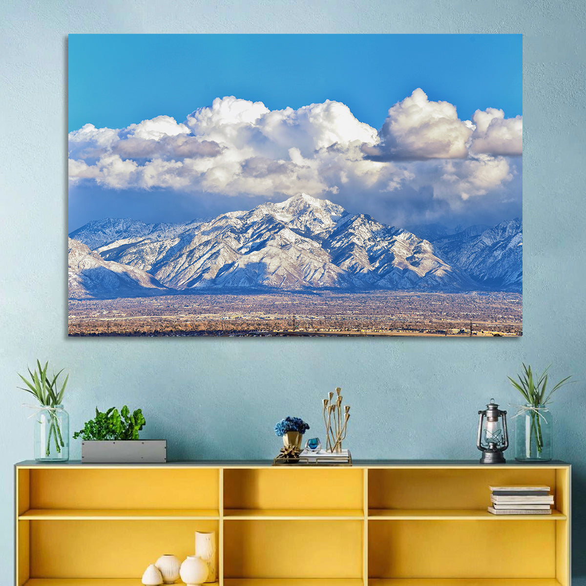 Wasatch Snow Capped Peaks Wall Art in a room, landscape