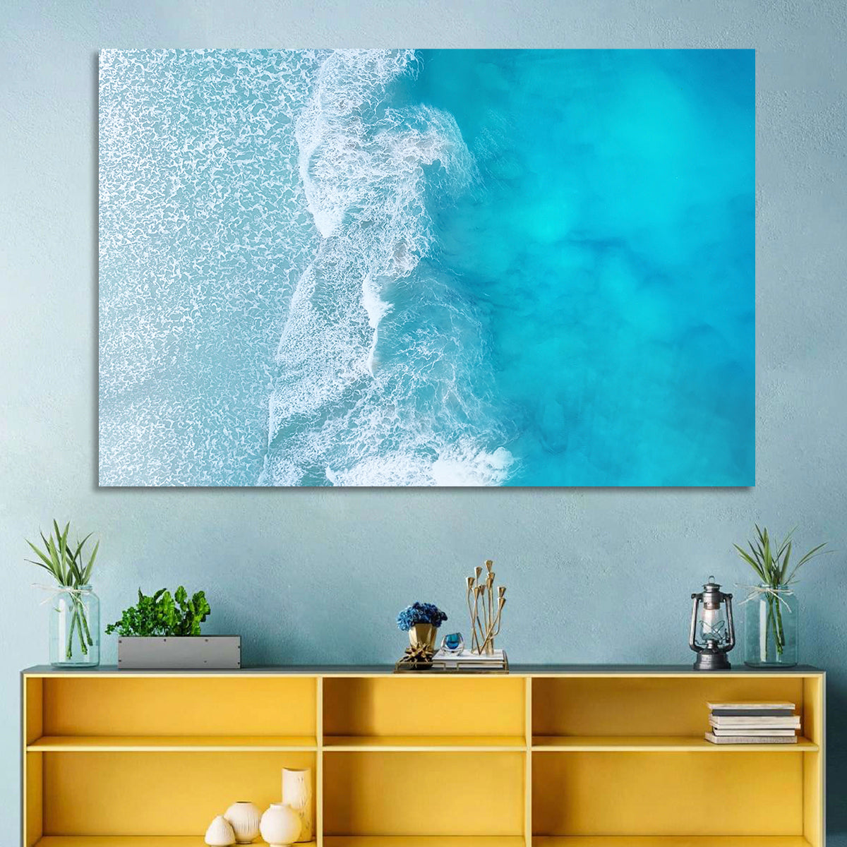 Turquoise Aerial Ocean Waves Wall Art in a room, landscape