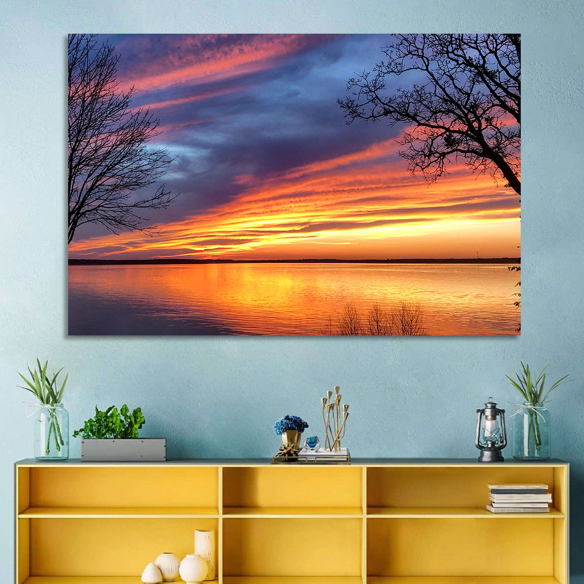 Lake Texoma Sunset Wall Art in a room, landscape