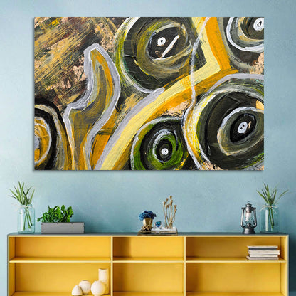 Impasto Swirl Circles in Yellow and Black Wall Art