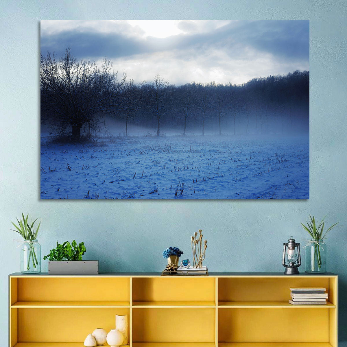 Snowy Italian Countryside Wall Art in a room, landscape