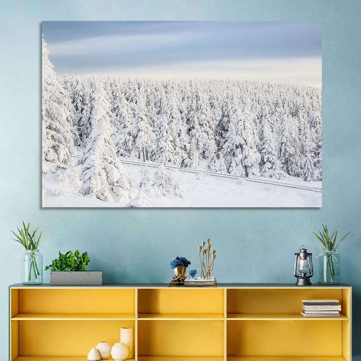 Snowy Forest Railway Tracks Wall Art in a room, landscape