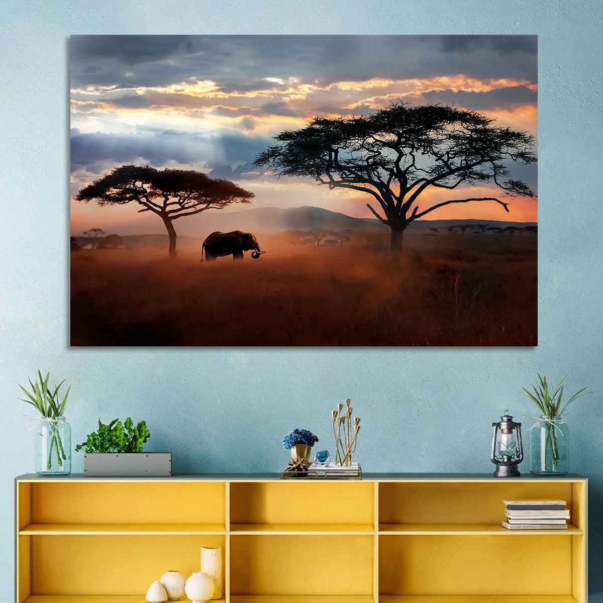 Savanna Elephant at Sunset Wall Art in a room, landscape