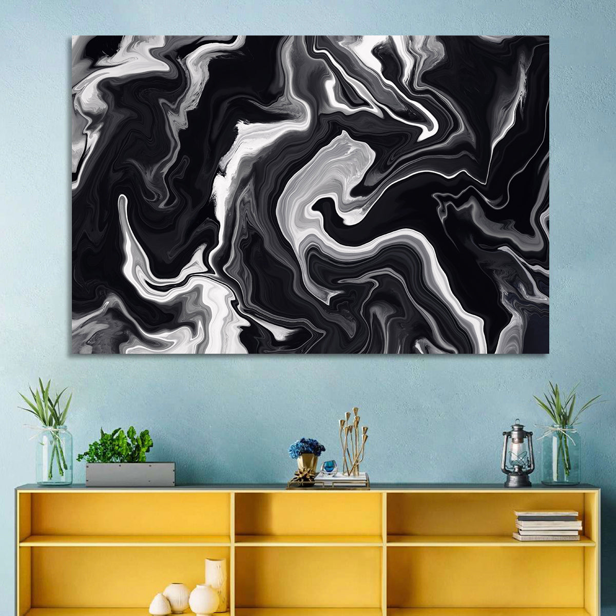 Flowing Black Marble Abstract Wall Art in a room, landscape