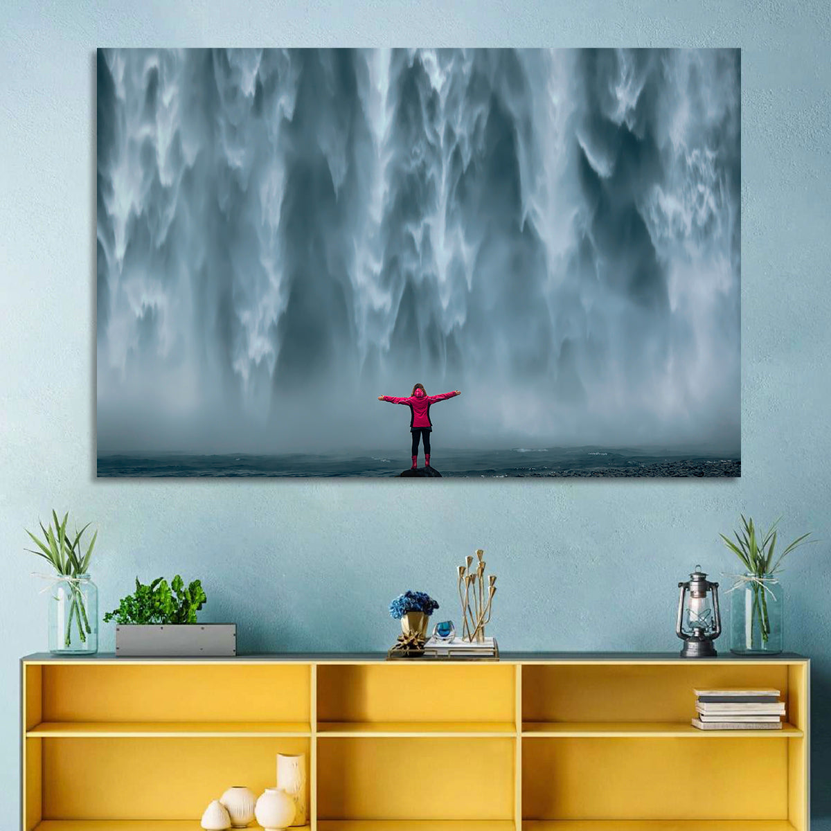 Skogafoss Waterfall with Figure in Pink Wall Art