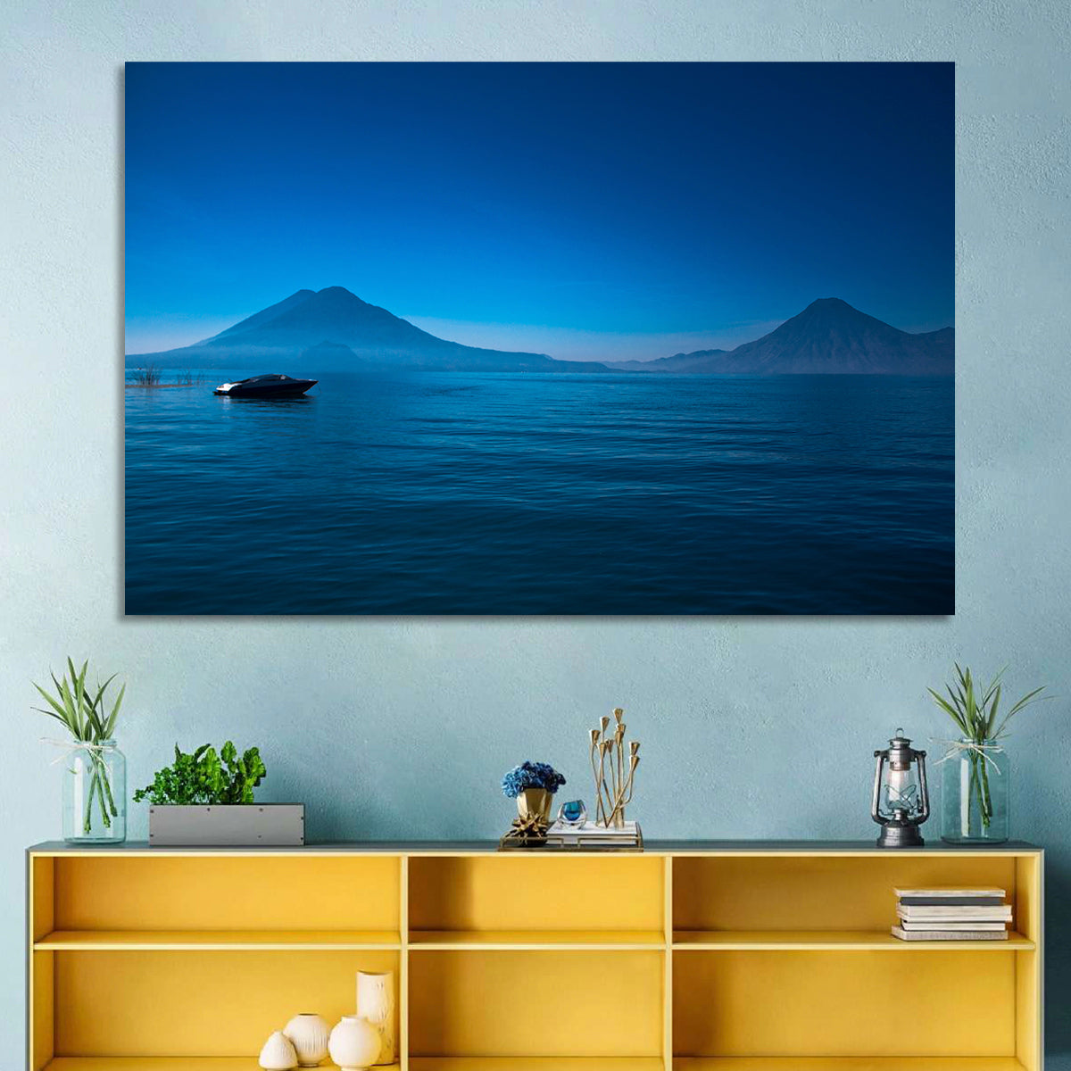 Boat on Lake Atitlán Wall Art in a room, landscape