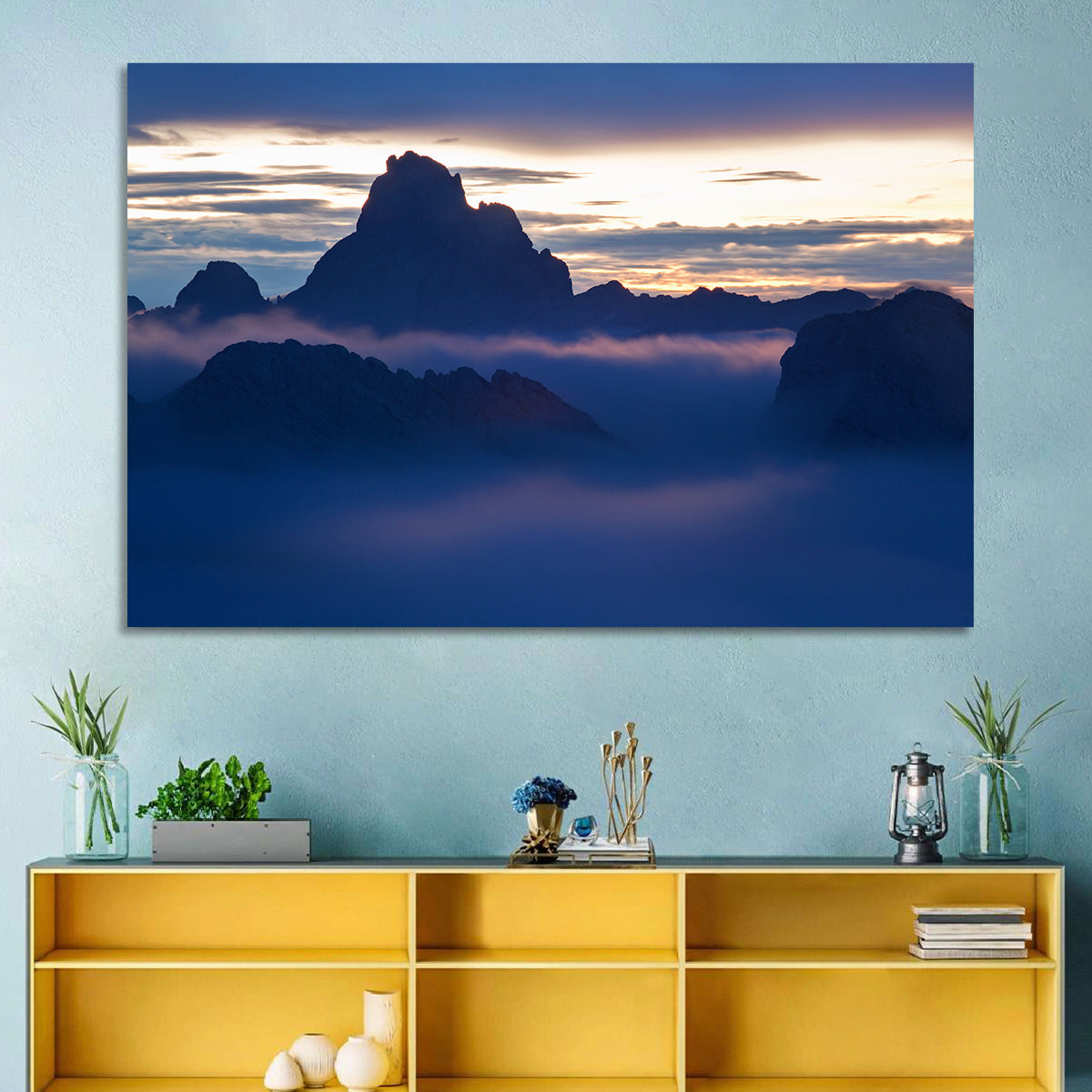 Dolomites Sunrise Silhouette Wall Art in a room, landscape