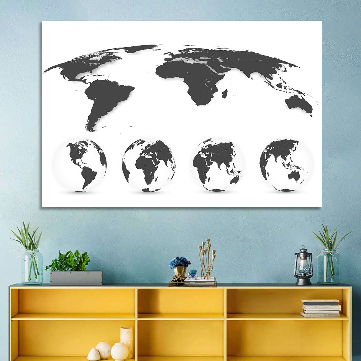 Stylized World Map and Globe Icons Wall Art