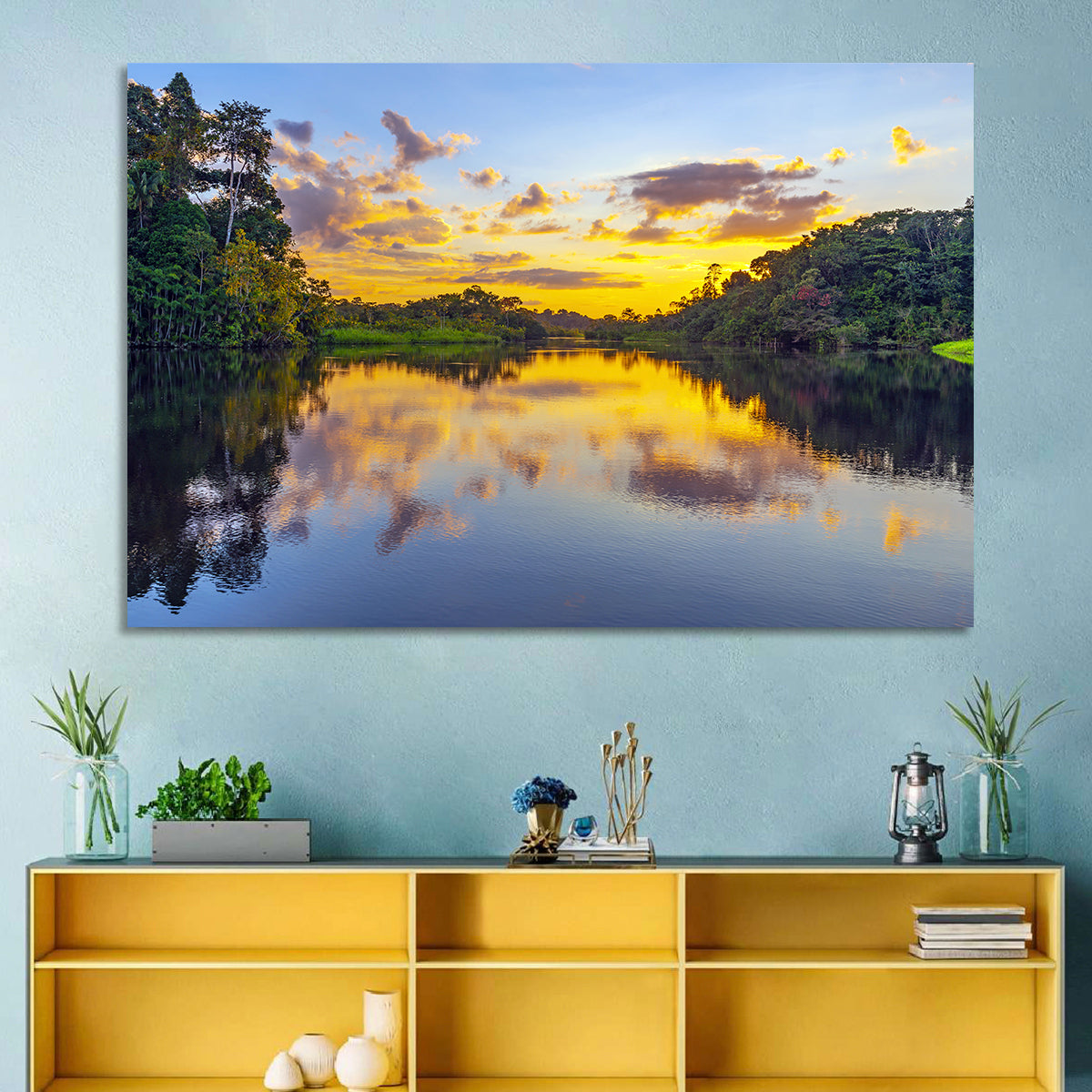 Amazon River Sunset Reflection Wall Art in a room, landscape
