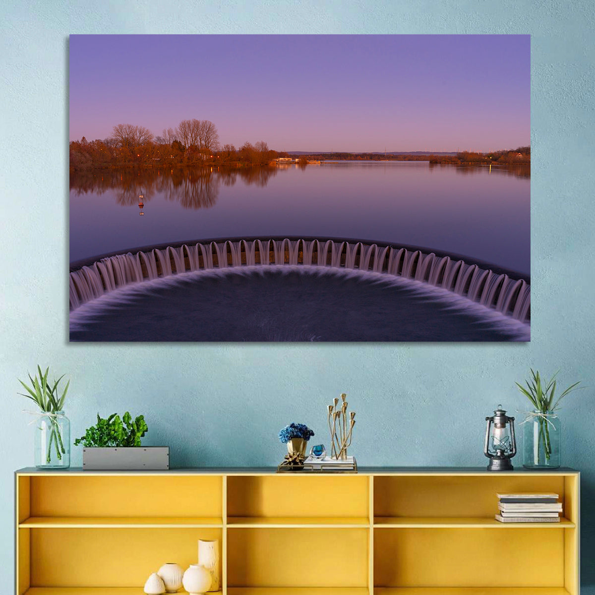 Circular Weir at Dusk Wall Art in a room, landscape