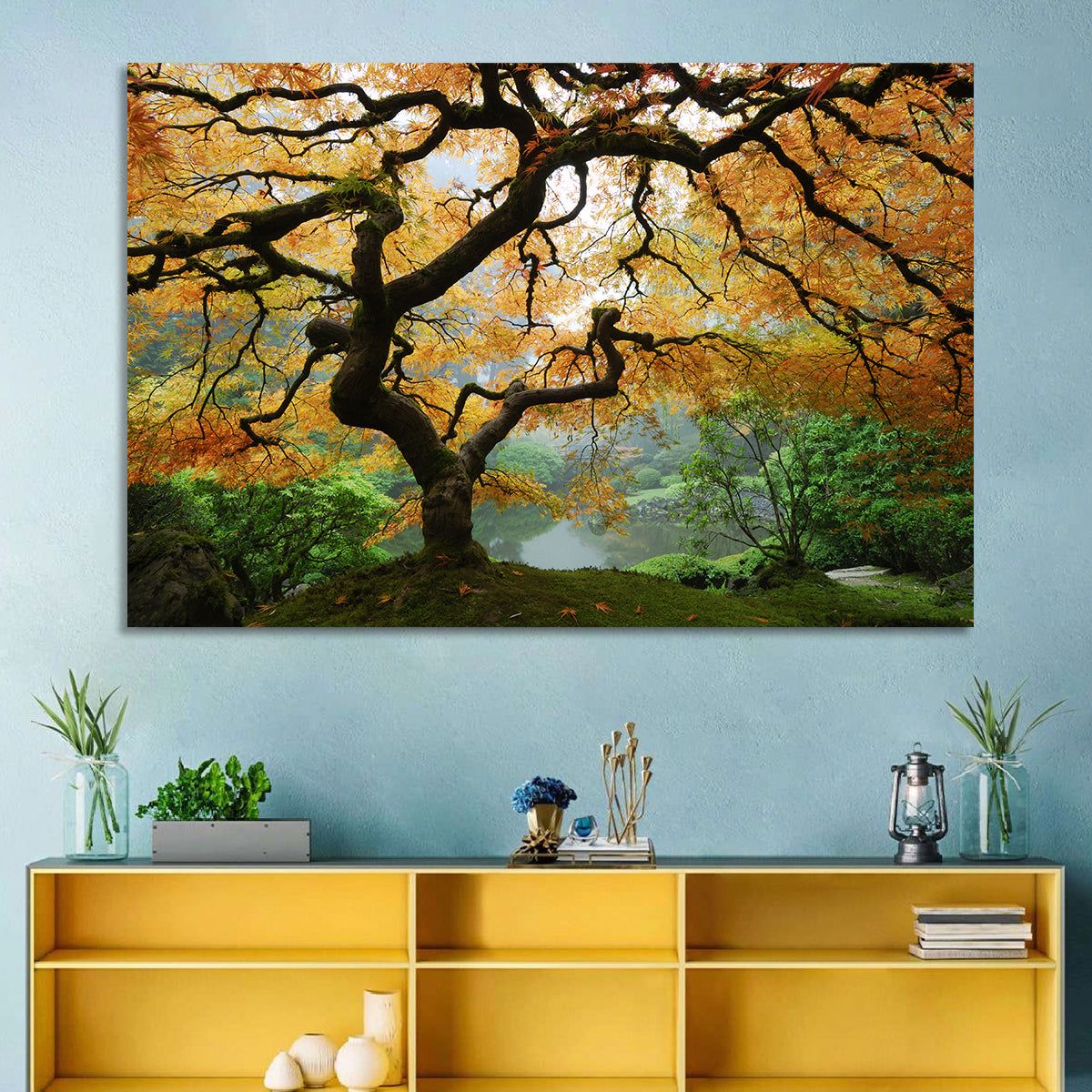 Japanese Autumn Maple Wall Art in a room, landscape