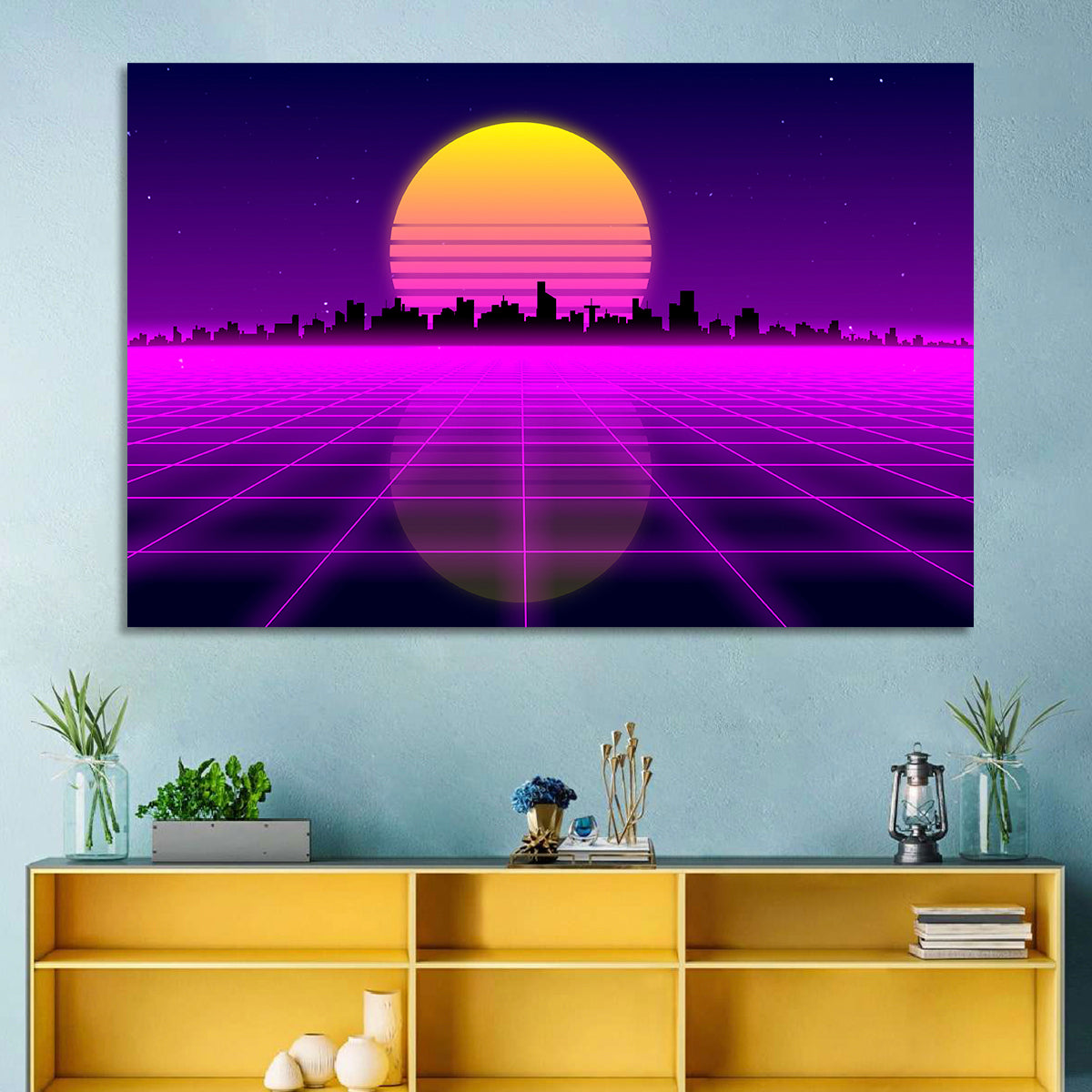 Neon Sunrise Skyline Wall Art in a room, landscape