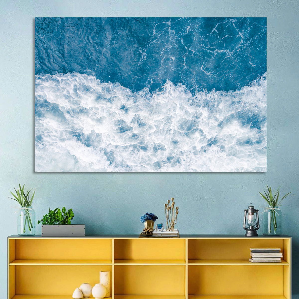 Stormy Blue Sea Wave Wall Art in a room, landscape