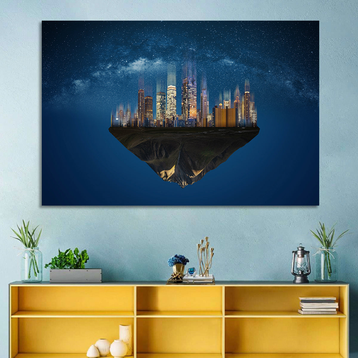 Floating City Island Wall Art in a room, landscape