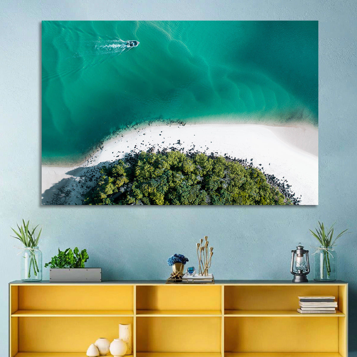 Clam Beach Aerial View Wall Art in a room, landscape