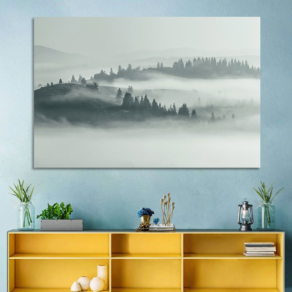 Carpathian Morning Mist Wall Art in a room, landscape
